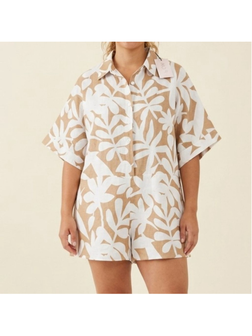 Neutral & White Floral Button-Front Short Romper